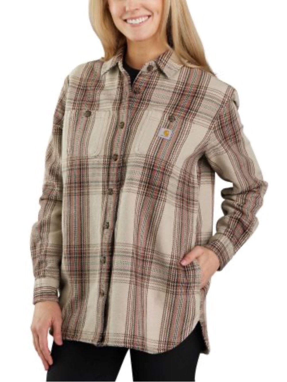 Carhartt Loose Fit Twill Beige and Brown Plaid Button-Down Shirt in Nutmeg